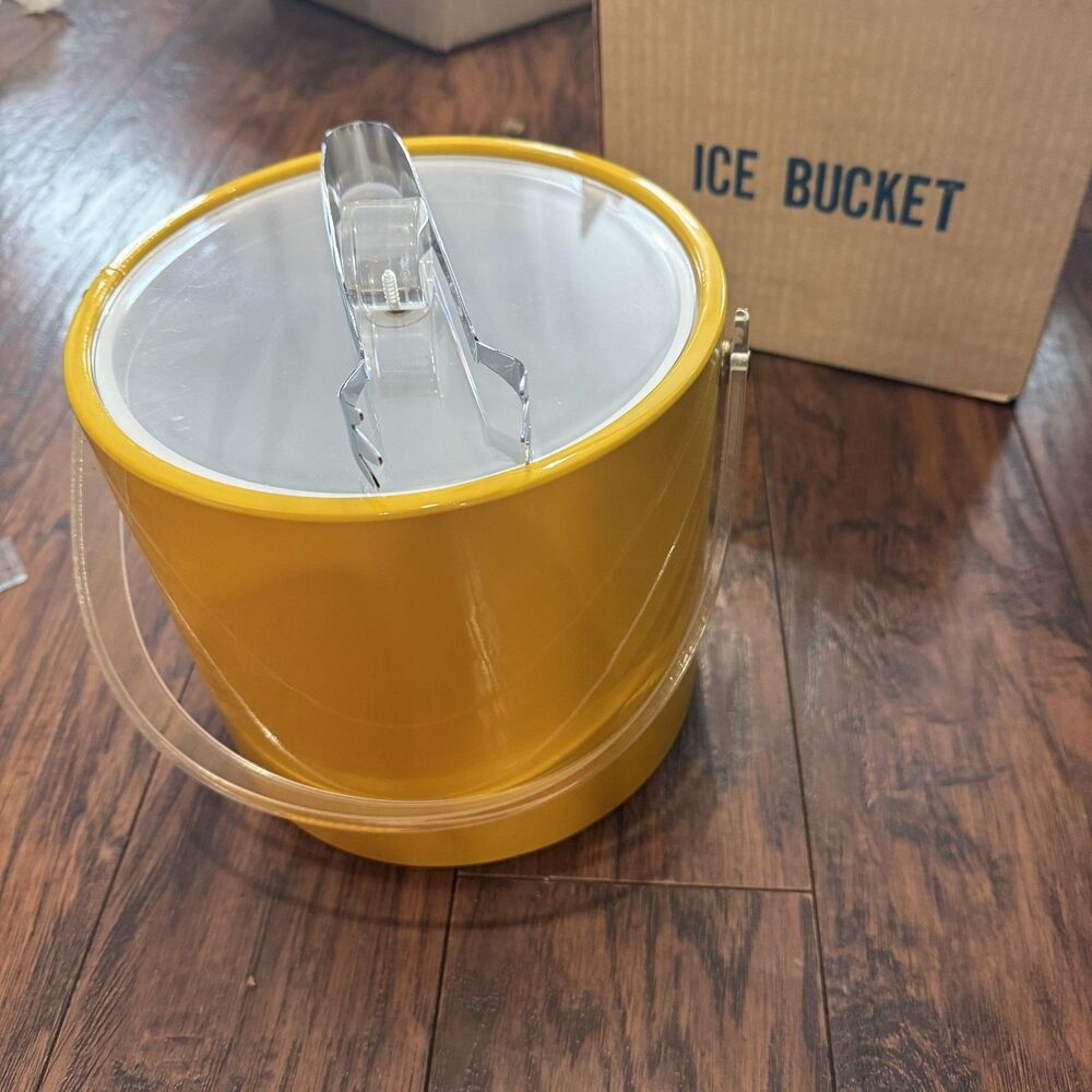Vintage Lemon Yellow Ice Bucket Clear Lid Vinyl Acrylic Bar Ware with Handle, C1
